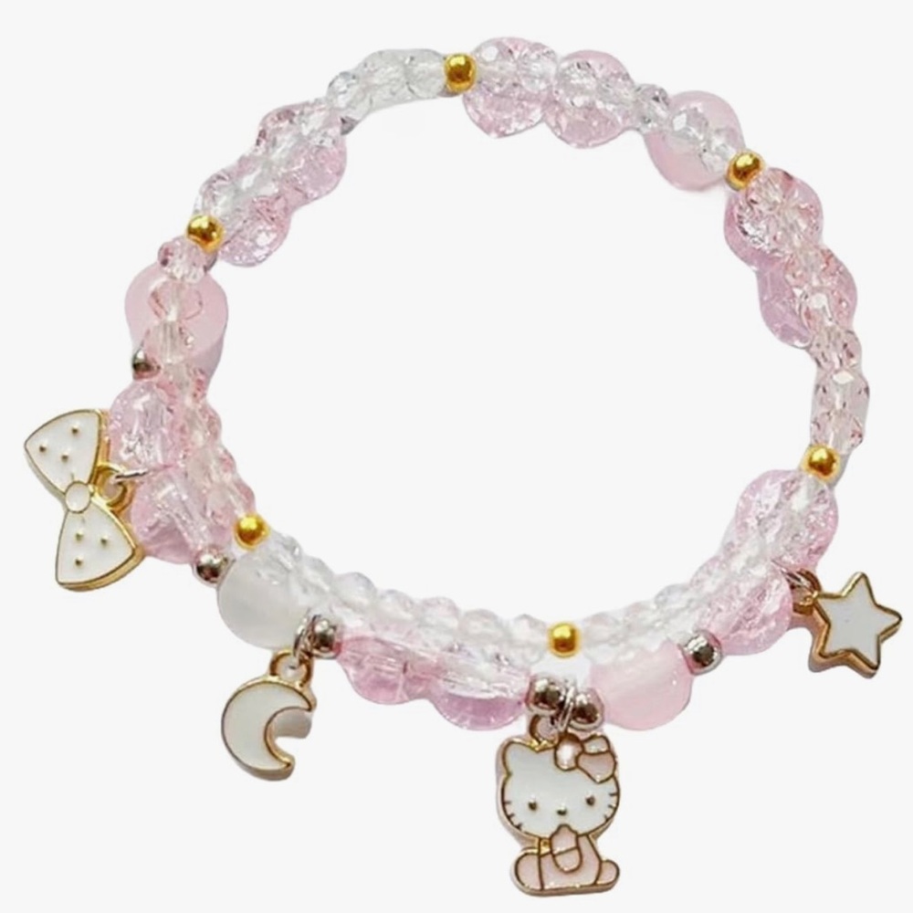 🌸NEW Hello Kitty Pink and White Jewelry Bracelet Set Elastic For Women’s.